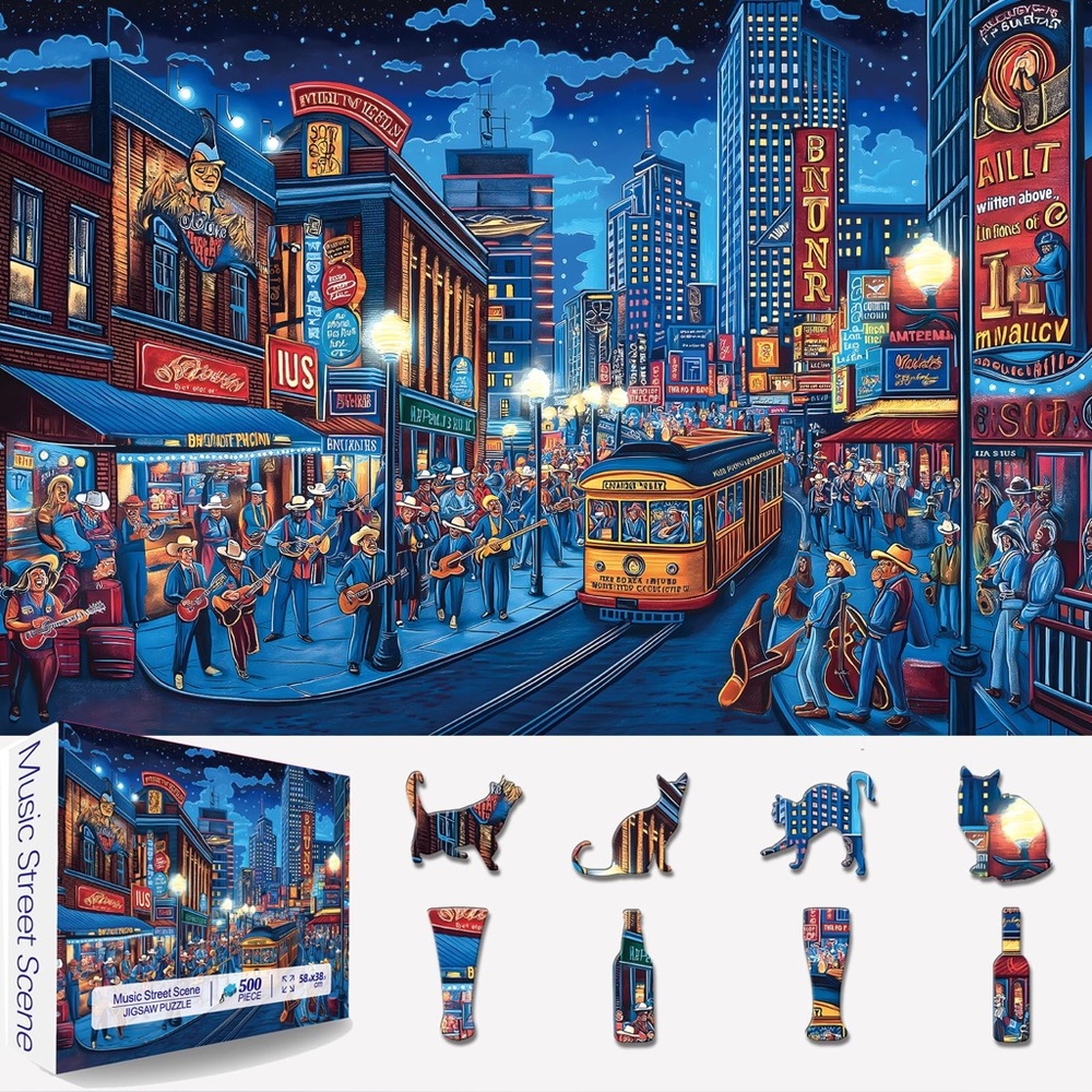 SEALED 500 Piece “Music Street Scene” Cityscape Night Buildings Jigsaw Puzzle